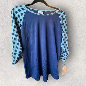 Lularoe Women's Randy Baseball Blue With Check Sleeve Sweater Print Size 3XL NWT
